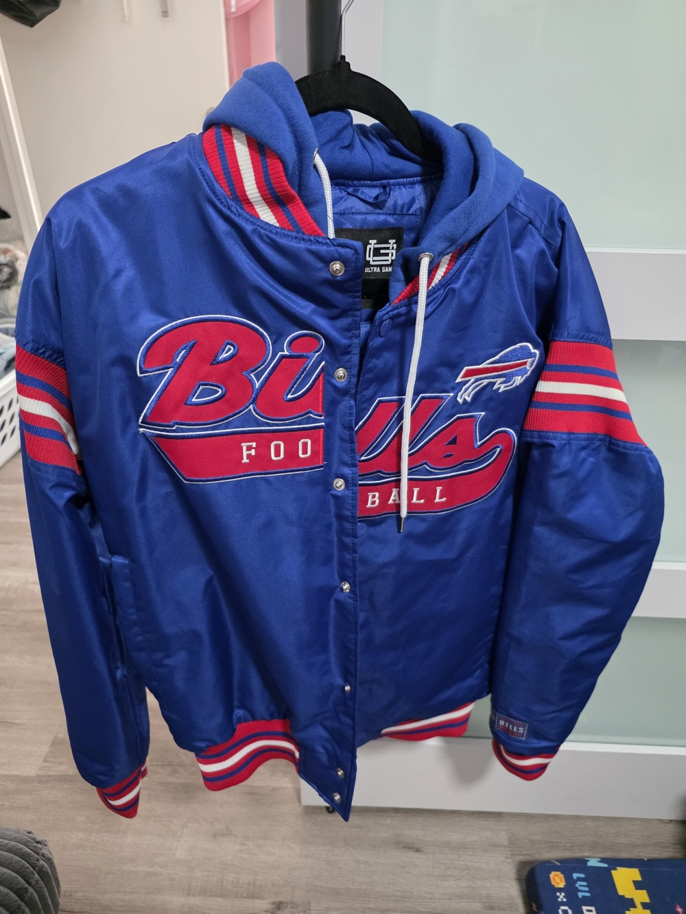 NWT NFL Buffalo Bills Royal Blue Hooded Team Jacket with Red and White Accents